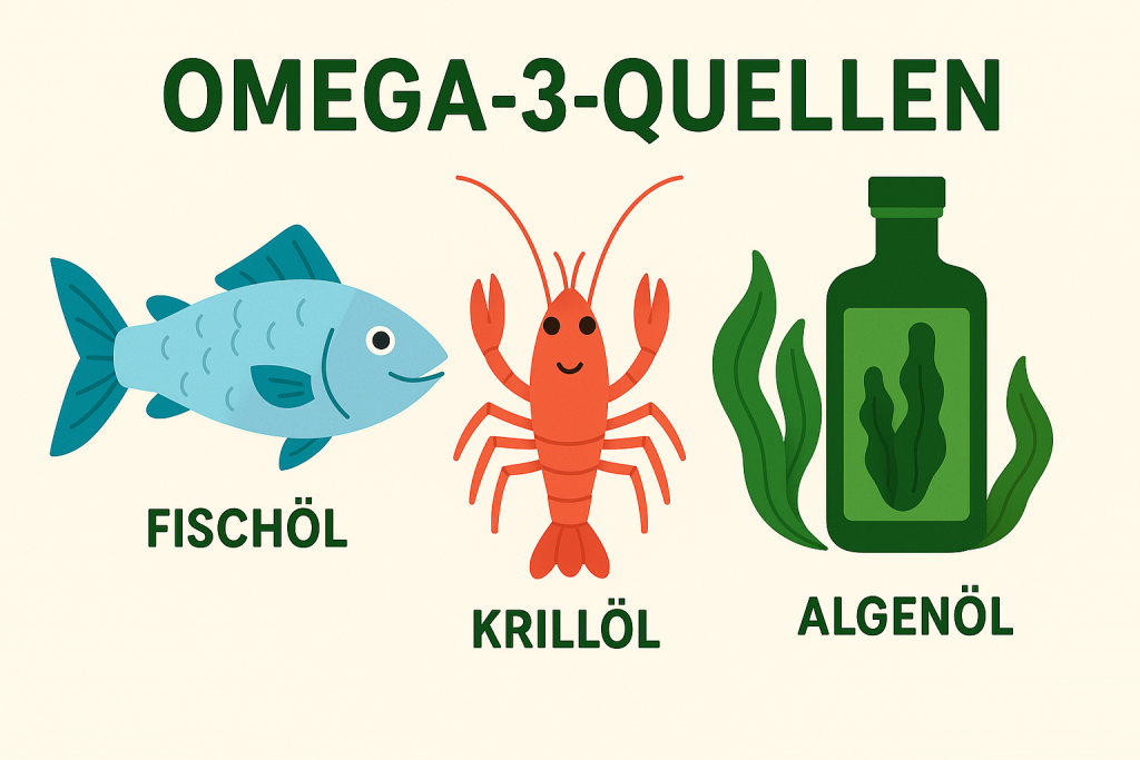 Illustration von Omega-3 Quellen: Fisch, Krill, Algenöl und grünes Blattgemüse, hervorgehoben DHA und EPA für die Augengesundheit.